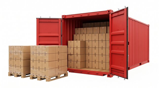 Red freight shipping container open with cardboard boxes stacked inside and on wooden pallets