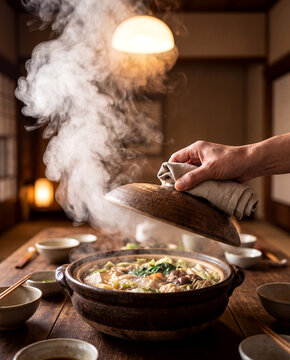 Hand lifting donabe lid with rising steam Japanese winter hot pot nabe dinner with copy space, close-up with copy space at top