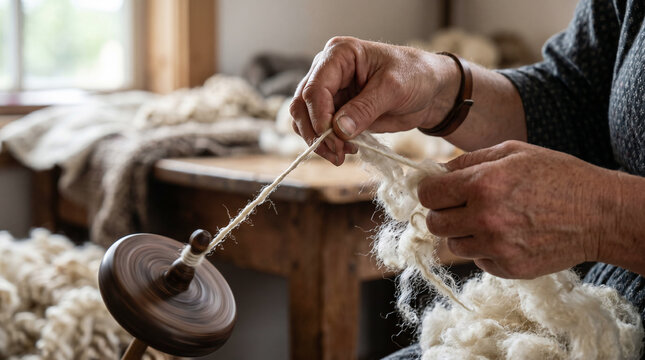 Proverbs 31, The virtuous, hardworking woman spinning wool into yarn with a wooden spindle late into the night