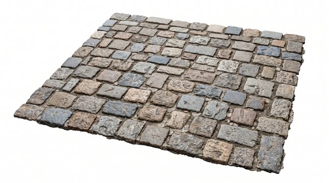 Old weathered stone cobblestone pavement isolated texture snippet on white background