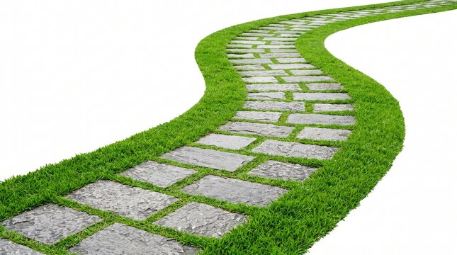 Winding stone pathway bordered by lush green grass isolated on white background for design