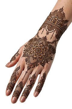 Intricate mehndi henna design on woman hand isolated white background
