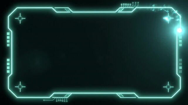 HUD, neon, interface frame glowing brightly in dark virtual space, featuring digital cybernetic elements and technology design patterns for futuristic sci-fi displays.