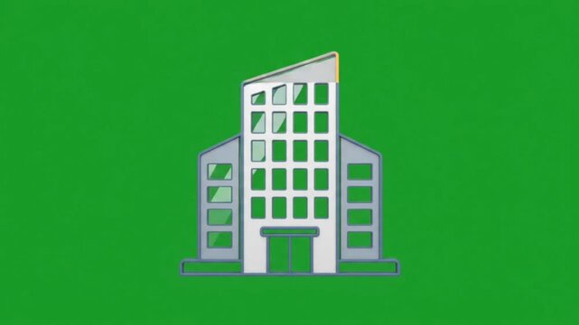 Flat 2D Animation of Wireframe Building Solidifying on Green Screen