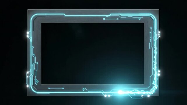 HUD, neon, interface glowing brightly on futuristic digital screen frame displaying cyber technology concept with glowing circuit lines and dark background for tech design projects.