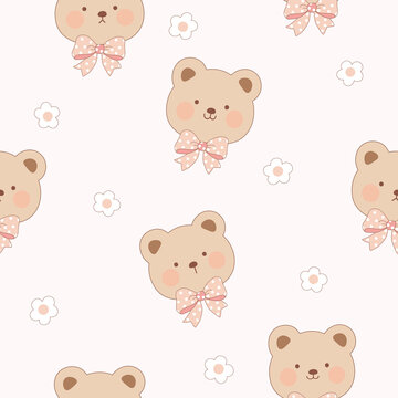 Cute bear seamless pattern with pink bow and flower , vector , illustration