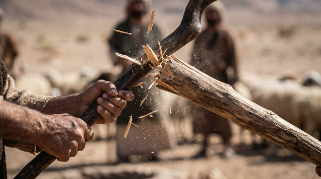 Moses bravely defending the seven daughters of Jethro, driving away aggressive shepherds from the desert well with his staff