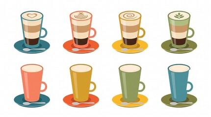 Obraz premium Set of eight colorful coffee lattes in glass cups with saucers beverage caffeine collection assorted colorful