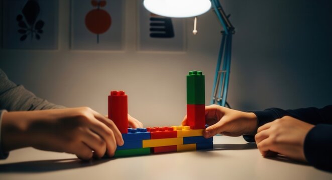 Children Building With Colorful Blocks Under Desk Lamp