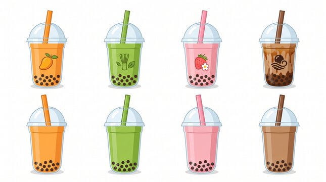 Set of various bubble tea drinks in plastic cups with tapioca pearls and straws beverage strawberry chocolate isolated