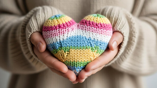 Colorful Knitted Rainbow Heart Held in Hands Symbolizing Love, Inclusion, Diversity and Support