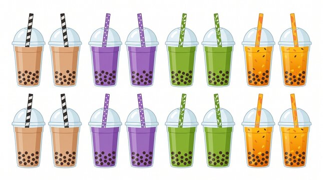 Set of bubble tea plastic cups with various flavors and tapioca pearls beverage collection refreshment restaurant