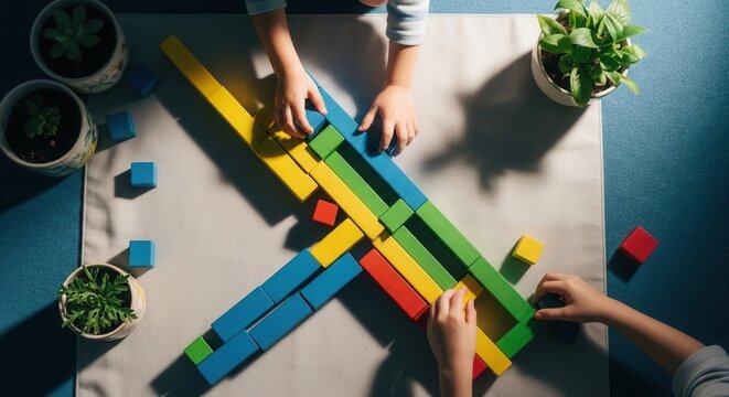 Children Engaged In Constructing With Vibrant Building Blocks