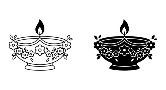 Diwali Diya Lamp Vector Icons, Traditional Indian Festival Light, Decorative Floral Design