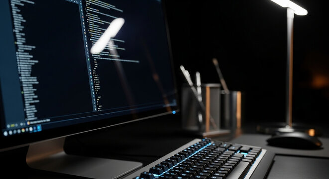 Computer Screen Displays Code In Dark Office Environment With Desk Lamp