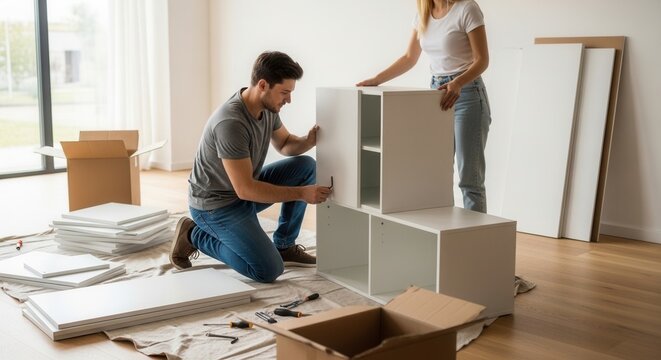 Couple Assembling Flat Pack Furniture In A Bright New Home