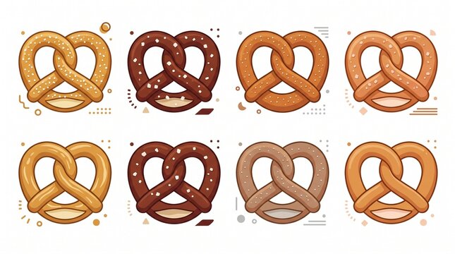 Set of eight fresh golden brown baked soft pretzels in different styles and variations isolated on white background