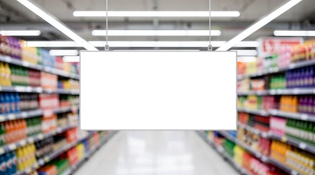 Blank white horizontal hanging signboard mockup in a blurred supermarket aisle background, empty poster frame for retail advertising and grocery store promotion in a commercial interior.