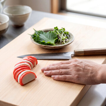 Hand beside sliced red and white kamaboko on cutting board Japanese new year osechi cooking with copy space, flat lay