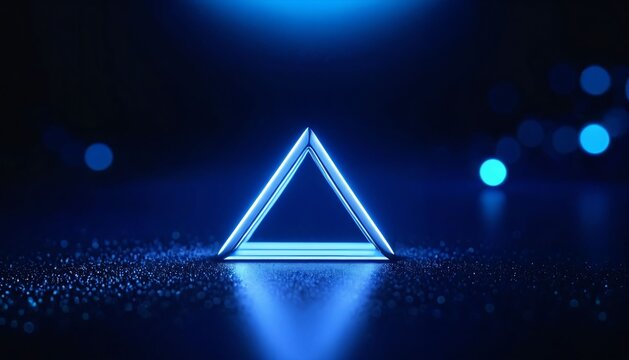 Blue neon triangle on sparkling dark surface