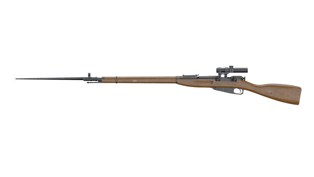 3d rendering of a rifle with wooden stock and scope