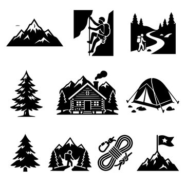 Set of black and white camping and hiking outdoor adventure icons with mountain adventure climbing landscape