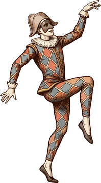 Harlequin Performer: An Italian commedia dell'arte harlequin character, depicted in a stylized illustration, strikes a dramatic pose with his diamond-patterned costume and distinctive mask.