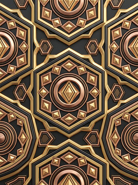 Seamless geometric pattern with gold hexagonal ornaments and dark metallic relief background