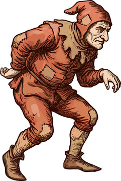 Mischievous Jester in Medieval Costume: A cunning jester, clad in a tattered orange tunic and cap with diamond-shaped patches, adopts a sneaky stance, hinting at playful trickery and ancient folklore.