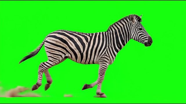 Zebra running at full speed on green screen chroma key background video clip footage.