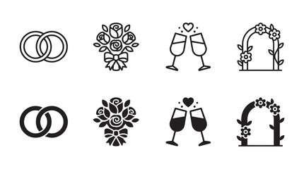 Fototapeta premium Wedding celebration icon collection featuring rings and floral elements marriage champagne celebration ceremony