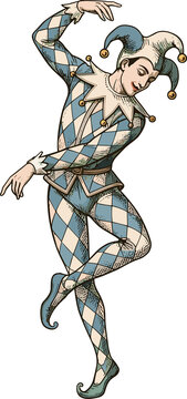 Harlequin dancer: A traditional Harlequin character in a diamond-patterned costume performs a graceful pose, embodying the spirit of classic commedia dell'arte.