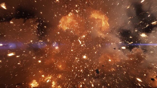 地面から巨大な炎が上がり瓦礫と火花が画面全体に飛び散る迫力の大爆発CG