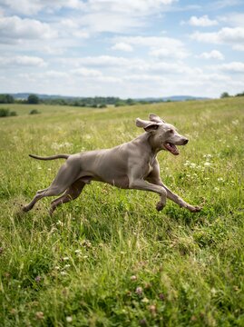 Weimaraner dog running through a grassy field on a sunny day.