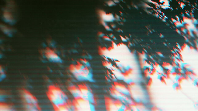 Abstract tree leaves silhouette with glitch chromatic aberration effect, RGB color split texture for retro futuristic and creative design background
