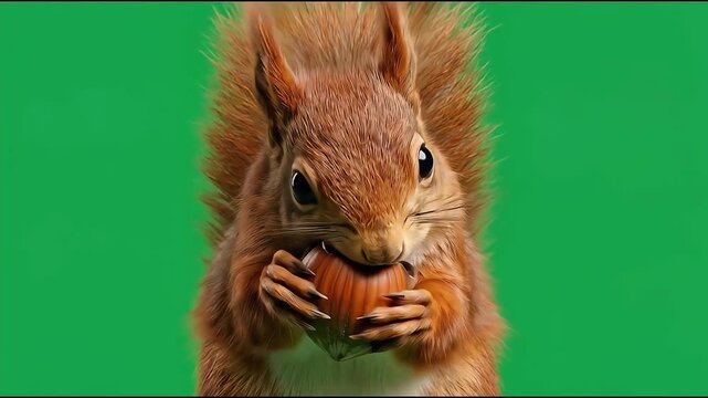 Cute red squirrel holding hazelnut on green screen background loop footage.