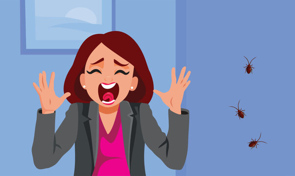 Scared Businesswoman Screaming At Cockroaches Crawling On Wall In Office. Panicked office worker experiences extreme fear seeing dirty insects inside corporate room 