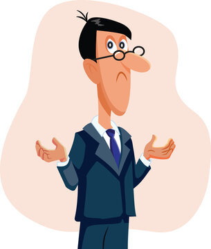 Confused Businessman Shrugging His Shoulders In Doubt And Uncertainty. Clueless corporate man in suit raises hands showing confusion or lack of knowledge 