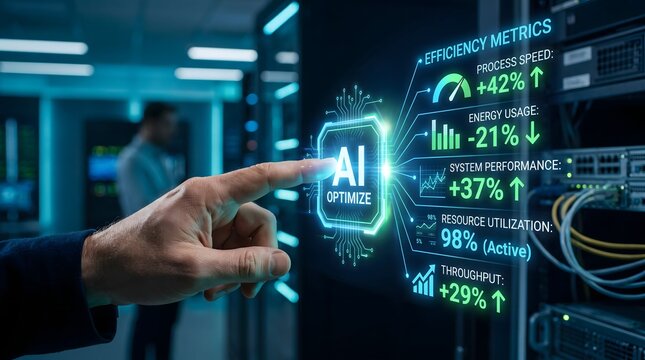 Data center administrator hand touching glowing ai optimize holographic interface showing efficiency metrics and performance gains in blue server room background.