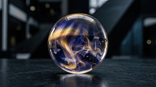 Crystal sphere containing swirling gold and blue smoke on dark surface