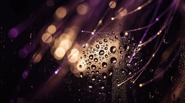 Water droplets on glass with purple and gold fiber optic light bokeh