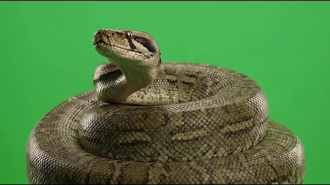 Large python snake coiled and looking forward on green screen chroma key video footage