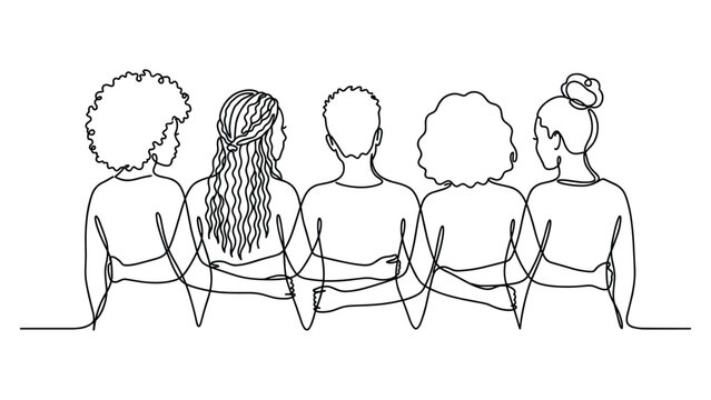 A continuous line art illustration depicts five diverse women standing side by side with arms around each other celebrating unity friendship and diversity.