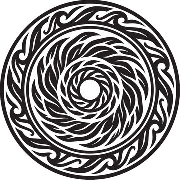 Abstract circular tribal mandala vector illustration with flame and wave vortex pattern in black and white