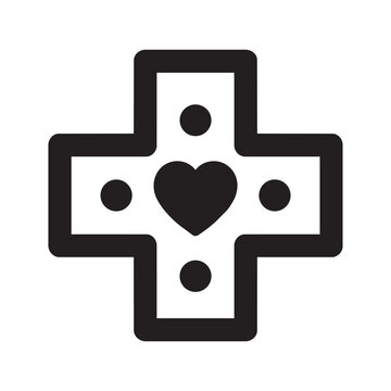Black and white vector icon of a medical cross with heart and dots