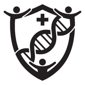 Medical health shield vector logo with DNA helix people and cross symbol