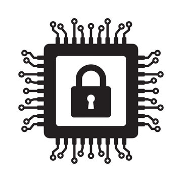 Cybersecurity Microchip Icon with Lock Symbol Vector Illustration