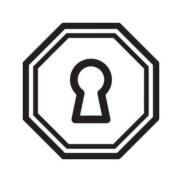 Black and white vector icon of a keyhole inside an octagonal stop sign shape