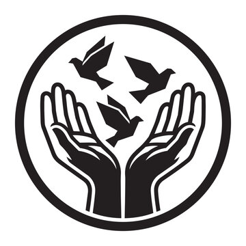 Black and white vector emblem of open cupped hands releasing flying birds in a circle