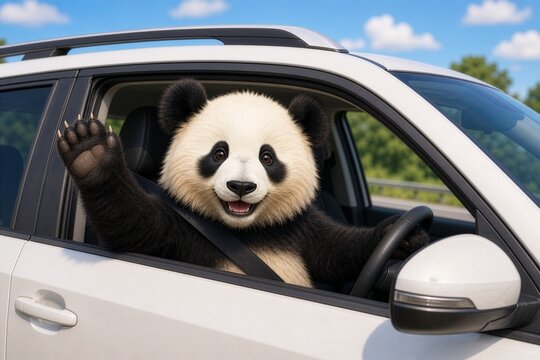 panda driving a car